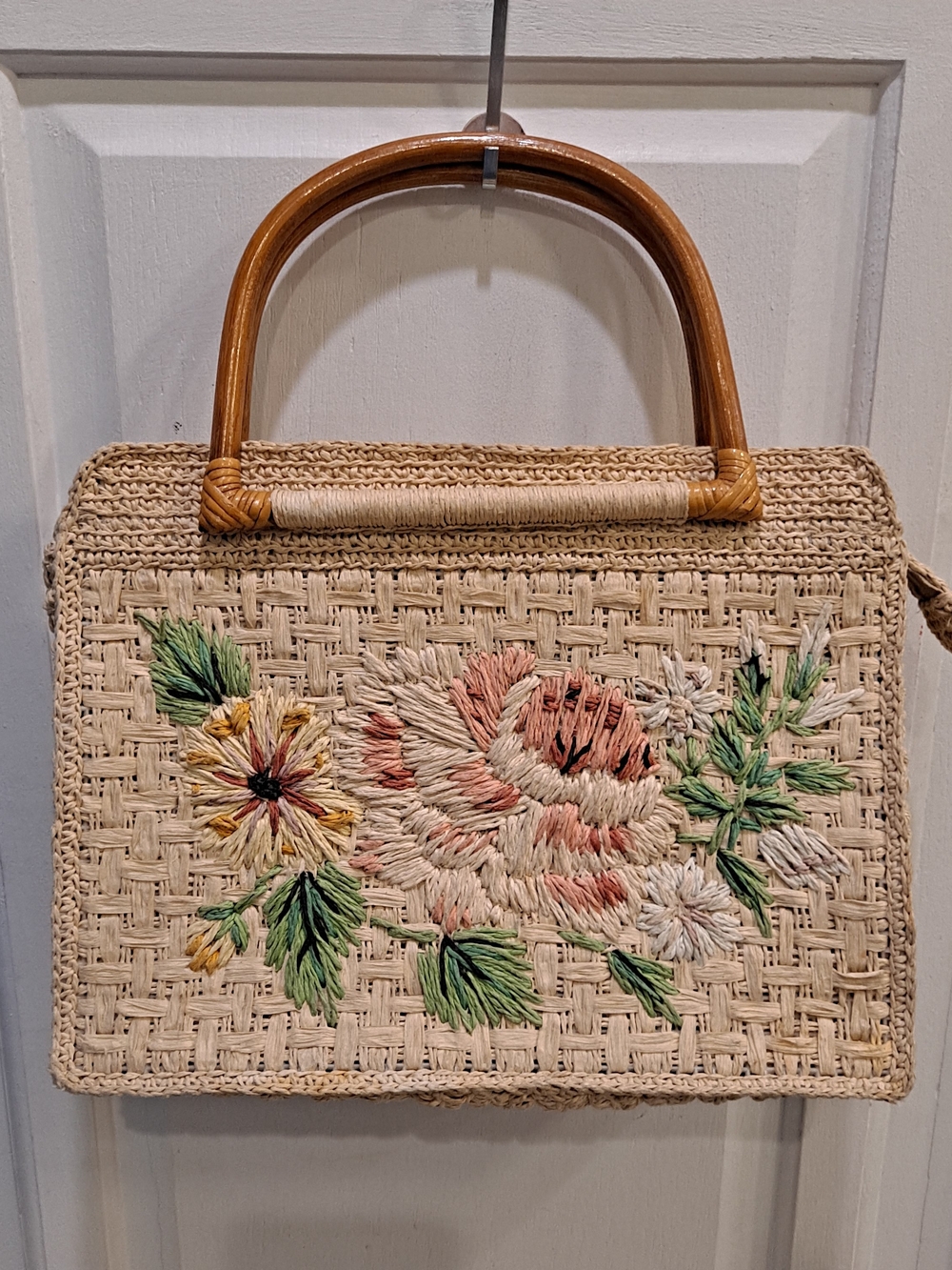 Fossil Vintage Woven Paper Straw Shoulder Bag Floral Pink Green Embroidery